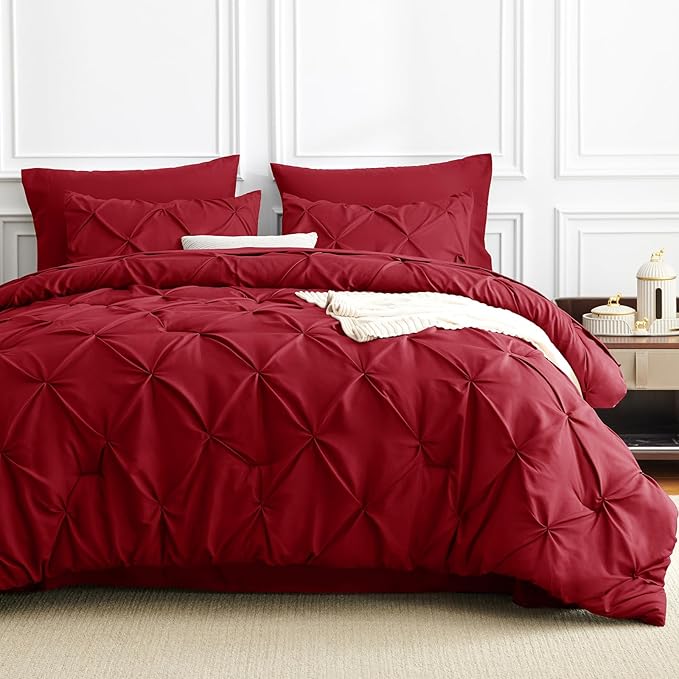 CozyLux King Size Comforter Set Dark Red, 7 Pieces Pintuck Bed in A Bag Red Comforter King Size, Pinch Pleat Bedding Set with All Season Comforter, Sheets, Pillowcases & Shams
