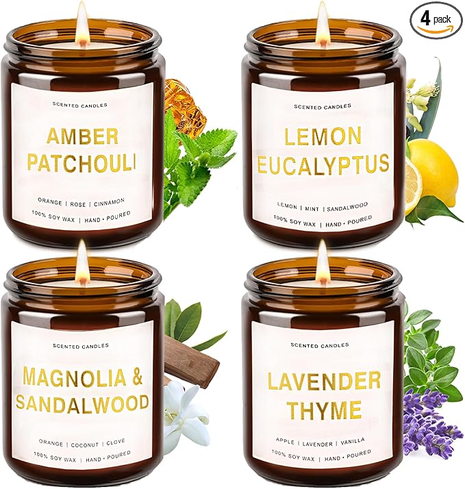 Candles for Home Scented, 4 Pack Soy Candle Non Toxic, Aromatherapy Candles with Lavender Thyme,Magnolia & Sandalwood,Amber Patchouli,Lemon Eucalyptus - Candle Gifts Set for Women & Valentine's Day
