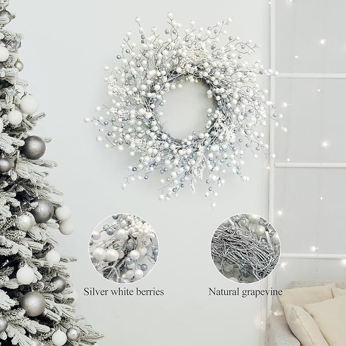 Huashen 24 Inch Spring Front Door Wreath Winter Berry Wreath Metallic Effect Pearl White & Silver Berry Christmas Wreaths for Front Door Wall Window Hanging Christmas Decoration Home Décor