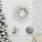 Huashen 24 Inch Spring Front Door Wreath Winter Berry Wreath Metallic Effect Pearl White & Silver Berry Christmas Wreaths for Front Door Wall Window Hanging Christmas Decoration Home Décor