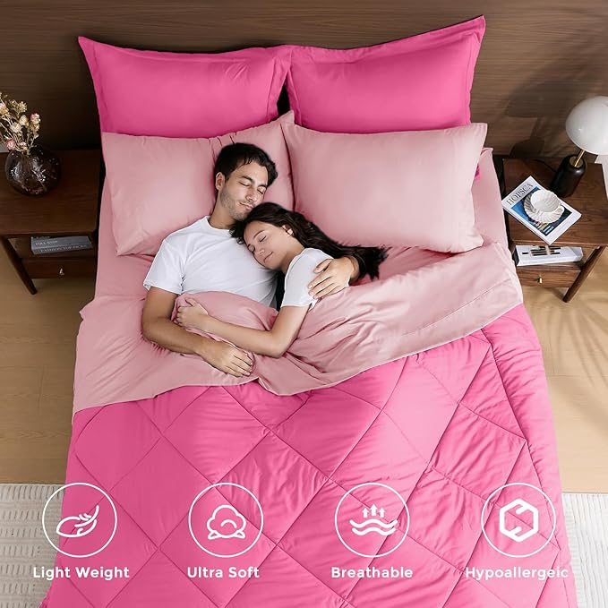 HEVUMYI Hot Pink & Baby Pink Cali-King Comforter Set - 7-Piece All Season Bed in a Bag Cali-King, Ultra Soft Bedding Set with Comforter, Flat Sheet, Fitted Sheet, Pillowcases, Pillow Shams