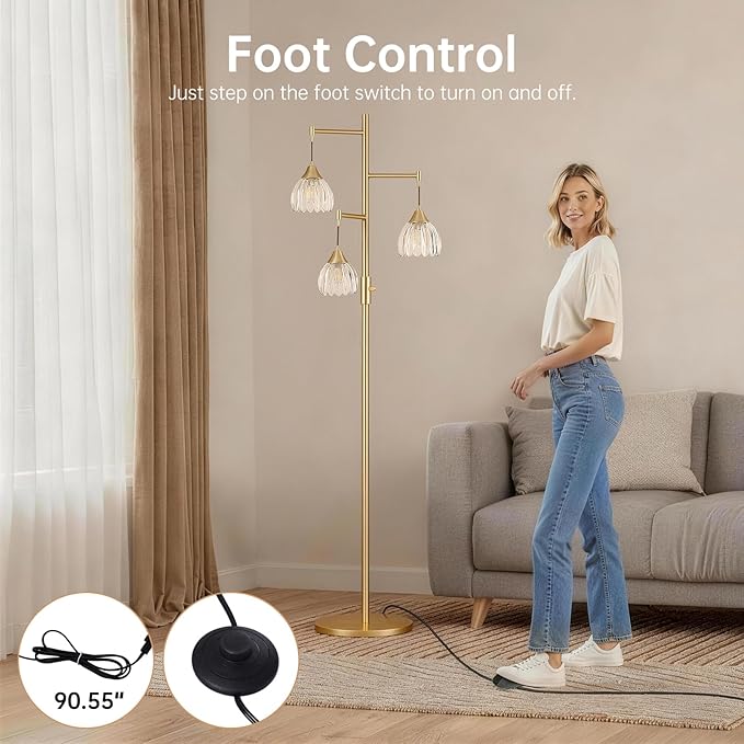 Dimmable Floor Lamp for Living Room, Bedroom, Gold Standing Lamp with 3pcs 6W Bulbs, Vintage Brass Floor Lamps for Corner, Nursery (Clear Tulip)