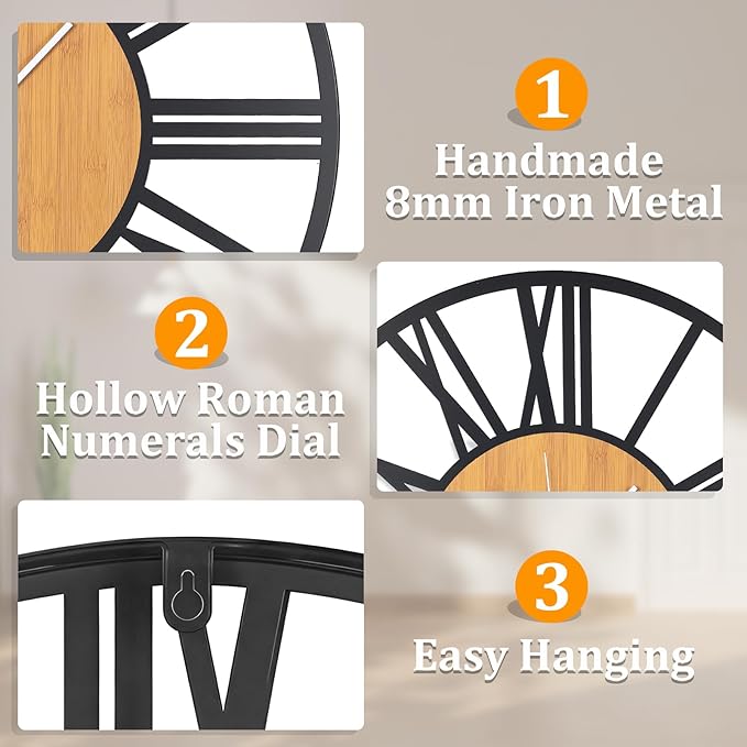 24'' Extra Large Farmhouse Wall Clock, Vintage Wall Clock with Metal Frame for Living Room, Dining Room, Bedroom, Office Decor. (Wooden Centre)