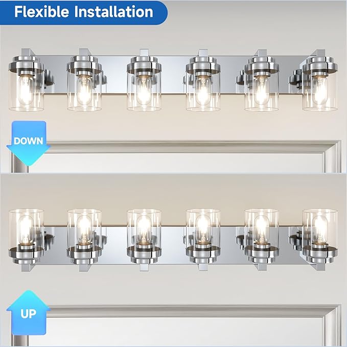 Vanity Light for Bathroom, 38" Farmhouse Bathroom Light Fixtures Over Mirror, 6 Light Vanity Lights with Clear Glass Shade, Modern Wall Lamps for Bedroom, Hallway