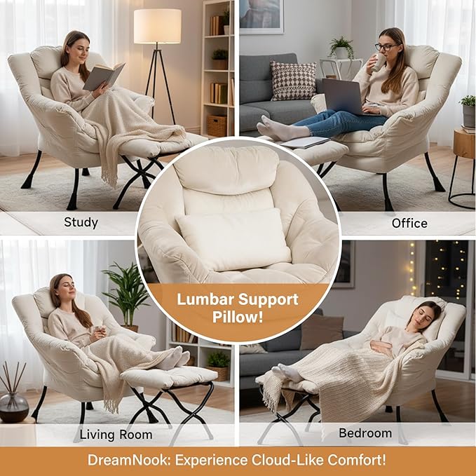 Lazy Chair with Ottoman, Modern Accent Chair with Lumbar Pillow, Velvet Beige Sofa, Lounge Chairs with Folding Footrest, Oversized Supportive Chairs for Bedroom, Reading
