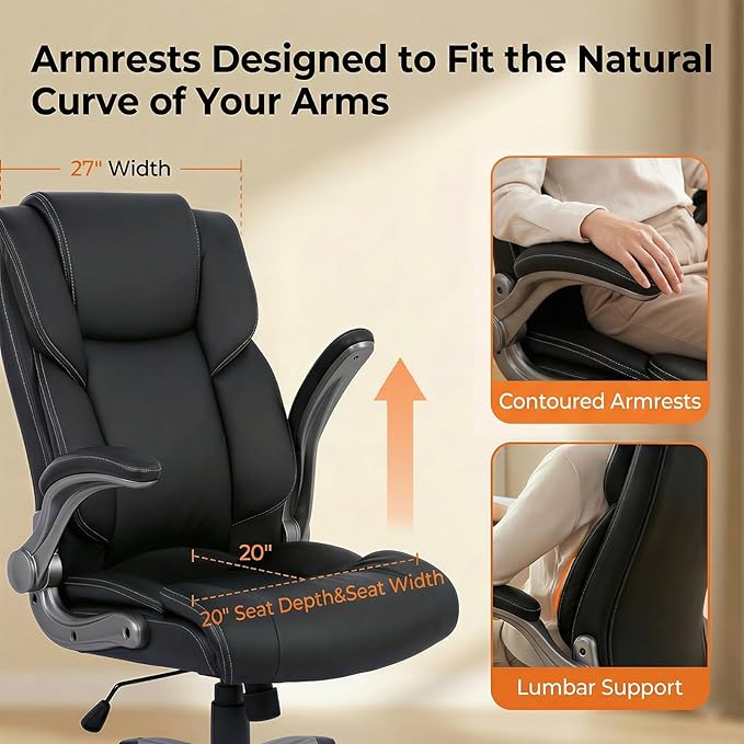 COLAMY Ergonomic Executive Office Chair, High Back Desk Chair with Adjustable Lumbar Support, Flip-Up Armrests & Thick Seat Cushion, 90°–110° Reclining Computer Chair for Home Office,Set of 2