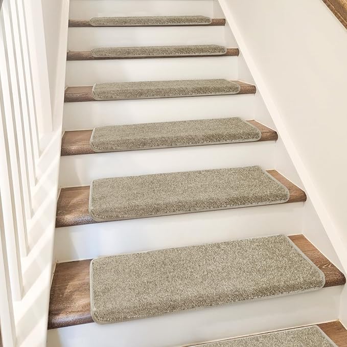 PURE ERA Bullnose Carpet Stair Treads Set Tape Free Non-Slip Indoor Stair Protectors Pet Friendly Rugs Covers Soft Skid Resistant Washable Reusable 9.5" x 30"(2 Pieces,Cream Gray)