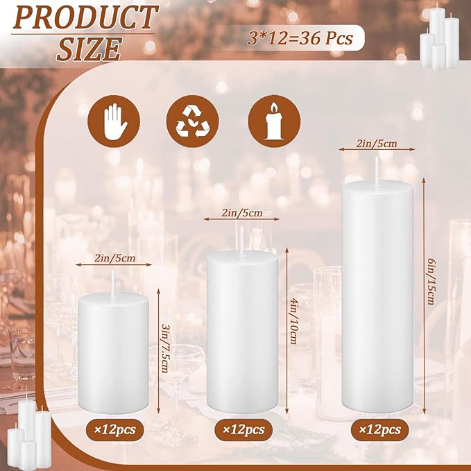 36 Pcs White Pillar Candles Bulk Set，Hurricane Candles，3 Different Lengths 2 x 3/4/6 Inch (12 Each)，Dripless Unscented Smokeless，Gives You a Better Atmosphere When Organizing an Event Party.