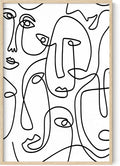 Abstract Face Pattern Wall Art Collage of Modern Faces Continuous Line Drawing 24x36 Inch Oak Wood Beige Framed Artistic Aesthetic Print for Living Room
