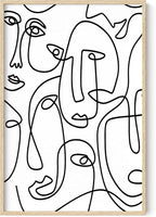 Abstract Face Pattern Wall Art Collage of Modern Faces Continuous Line Drawing 24x36 Inch Oak Wood Beige Framed Artistic Aesthetic Print for Living Room