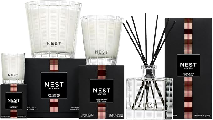 NEST New York Reed Diffuser, Something Tropical - 5.9 fl oz - Fragrance for Up to 90 Days - Reusable, Refillable Glass Holder - Includes 8 All-Natural Reed Sticks - Flame Free