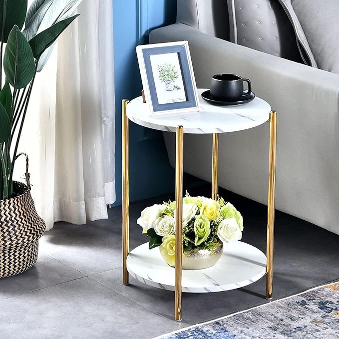 Gold End Table Faux Marble Side Table Small Round Nightstand for Living Room or Bedroom Modern Accent Table with Gold Metal Frame