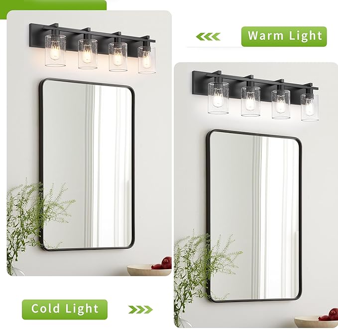 Espird Bathroom Vanity Light, 4 Light Matte Black Light Fixture with Thickened Seeded Glass Shade, 30 inch Modern Wall Sconce,Vanity Lights Over Mirror for Bathroom