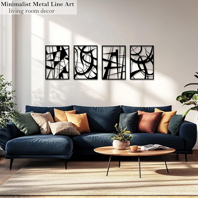 TENTENRI Black Metal Abstract Wall Art 4 Pack Minimalist Décor Line Art Wall Décor for Living Room Bedroom Office Decor