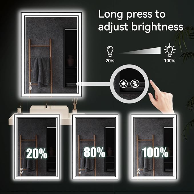 24 x 32” LED Mirror for Bathroom with Lights Anti-Fogging Dimmable 3 Colors LED Bathroom Mirror with Lights Memory Function Smart Mirror Touch Sensor Square Wall Mounted