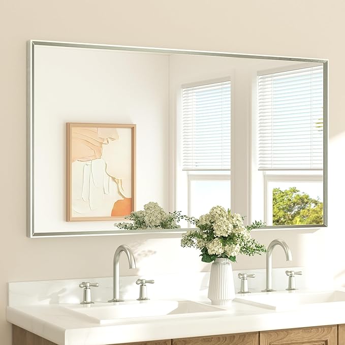 TETOTE Brushed Nickel Mirror 55" x 30" Beveled Framed Bathroom Vanity Wall Mirror for Over Sink Brushed Nickel, Tempered Glass, Modern Farmhouse Bedroom, Entryway, Living Room