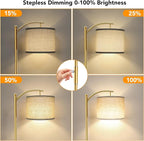 Dimmable Floor Lamp, Arc Floor Lamps for Living Room, Stepless Dimming Modern Standing Lamp with Linen Shade, Tall Lamp for Bedroom Office Dining Room- Gold