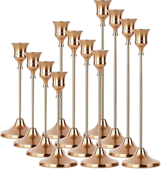 4 Sets(12 Pcs) French Gold Tapered Candle Holder,Candlestick Tall Metal Candlestick Holders for Table Centerpiece Home Decor for Wedding Fireplace Mantel Housewarming Gift Fits 3/4 Inch Thick Candles