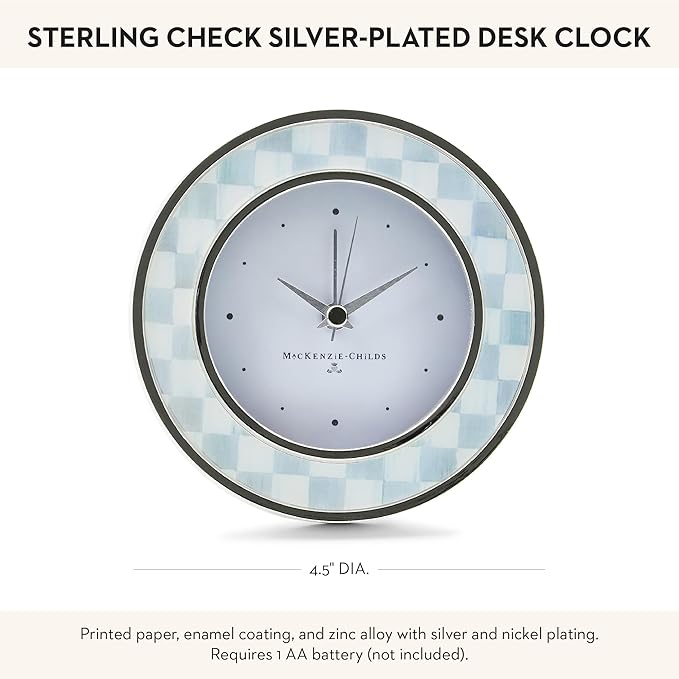 MACKENZIE-CHILDS Silver-Plated Round Desk Clock, Decorative Clock for Living Room, Kitchen, or Office, Gray-and-White Sterling Check