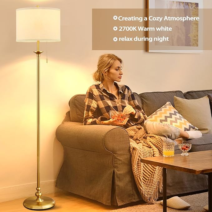 60" Gold Floor Lamp, Standing Lamp for Living Room, Bedroom, Office & Dining Room - Tall Corner Floor Lamps with Pull Chain Switch, Soft Lighting Farmhouse Design - Modern Floor Lamp (Bulb Included)