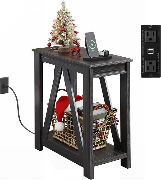 WLIVE Narrow Black End Table with Charging Station of Open Storage Shelf, Sofa Side Table with 2 USB Ports and 2 Power Outlets, Slim Farmhouse End Table for Small Spaces, 11.8" D x 23.6" W x 23.74" H