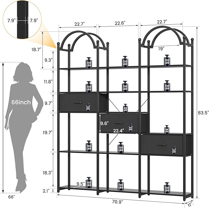 Semoic 83.5" Tall Arched Bookshelf, Triple Wide 6-Tier Large Open Book Shelf with 3 Drawers Storage, Etagere Bookcase with Display Shelf, Industrial Bookshelf with Metal Frame for Living Room, Black