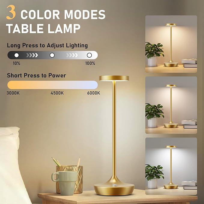 LED Cordless Table Lamp Rechargeable，Outdoor Battery Operated Desk Lamp Touch 3 Color Dimming Portable Waterproof Night Light for Patio/Restaurant/Dining/Home (Gold)