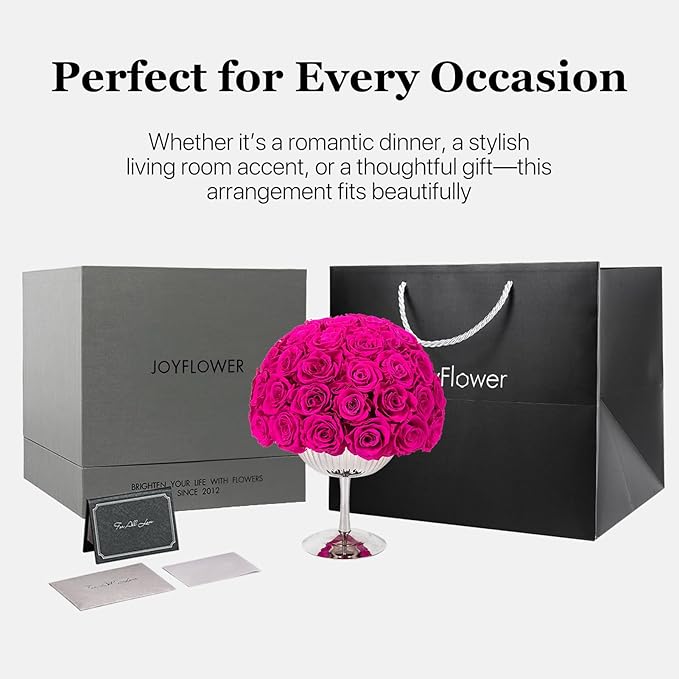 JoyFlower Preserved Flowers Vase Decor, Eternal Flower Stainless Steel Vases for Table Centerpieces, Fuchsia Forever Flower Vases Decorations for Home Party Wedding Bedroom Living Room House Decors