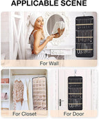 Hanging Jewelry Organizer Storage Roll with Hanger Metal Hooks Double-Sided Jewelry Holder for Earrings, Necklaces, Rings on Closet, Wall, Door, 1 piece, Extra Large, Black