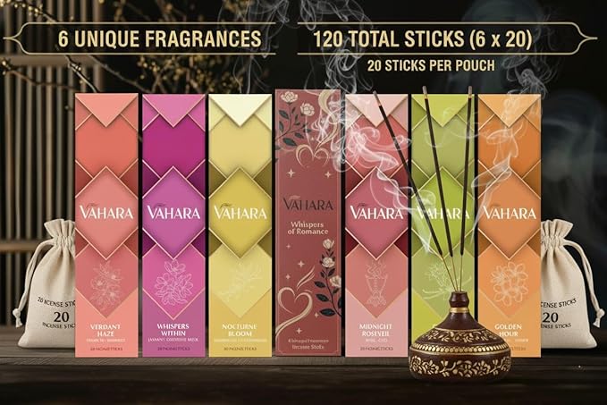 Premium Vahara Masala Incense Sticks – Whispers of Romance (6 Packs) | Handrolled Incense for Romantic Mood, Home Fragrance & Meditation