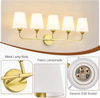 Kvhilw Bathroom Vanity Light, Brushed Gold Bathroom Light Fixtures, 5-Light Lighting Fixtures Over Miror, Modern Wall Sconce with Flared White Fabric Shade, E26 Socket(ETL Listed)