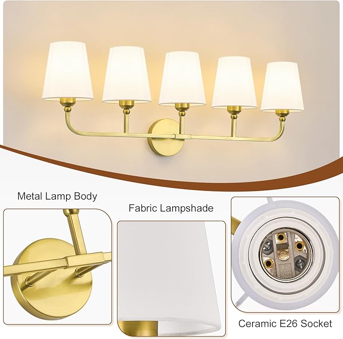 Kvhilw Bathroom Vanity Light, Brushed Gold Bathroom Light Fixtures, 5-Light Lighting Fixtures Over Miror, Modern Wall Sconce with Flared White Fabric Shade, E26 Socket(ETL Listed)