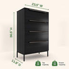 tinge Lira Premium Fabric Dresser - Solid Wooden Frame, 4 Spacious Sag-Proof Drawers with Sleek Metal Handles - Sleek & Durable Storage Solution for Your Home (Black)