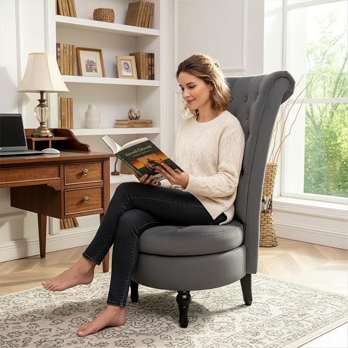Royal High-Back Velvet Accent Chair for Vanity with Storage and Luxurious Upholstery, Retro Design and Versatile Usage for Livingroom, Bedroom, Lounge and Office, Grey