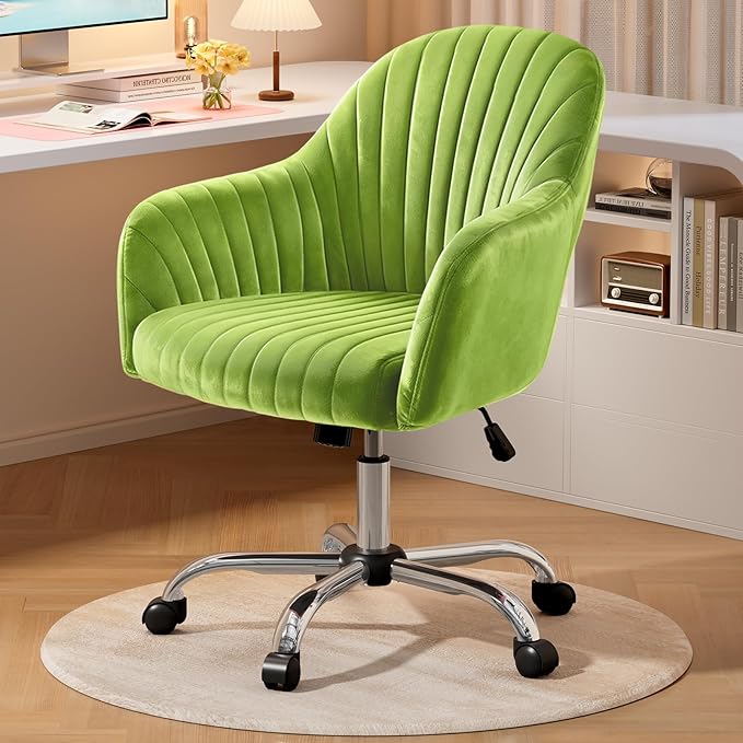Warmiehomy Velvet Desk Chair for Home Office, Modern Adjustable Swivel Task Chair, Women Vanity Chairs with Arm Rest for Bedroom Dressing Room, Light Green