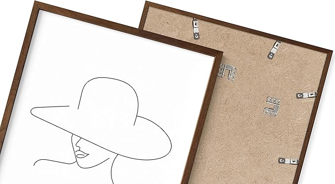 Elegant Woman in Hat Wall Art Minimalist Feminine Profile Continuous Line Drawing 8x10 Inch Oak Wood Walnut Framed Chic Fashion Print for Vanity Bedroom