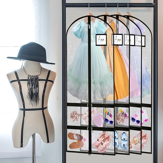 14 Pcs Garment Bags for Dance Costumes Clear PVC with Zippers 24 x 50 Inch Suits Bag with Pockets Dance Costume Organizer Carrier for Storage Cover for Adult (Fully Transparent Black,Classic)