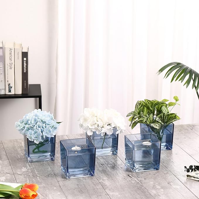 Square Glass Vases Set of 6, 4" x 4" x 4" Square Flower Vases for Centerpieces, Blue Vase for Flowers, Small Vase for Wedding, Party, Home Office Decoration