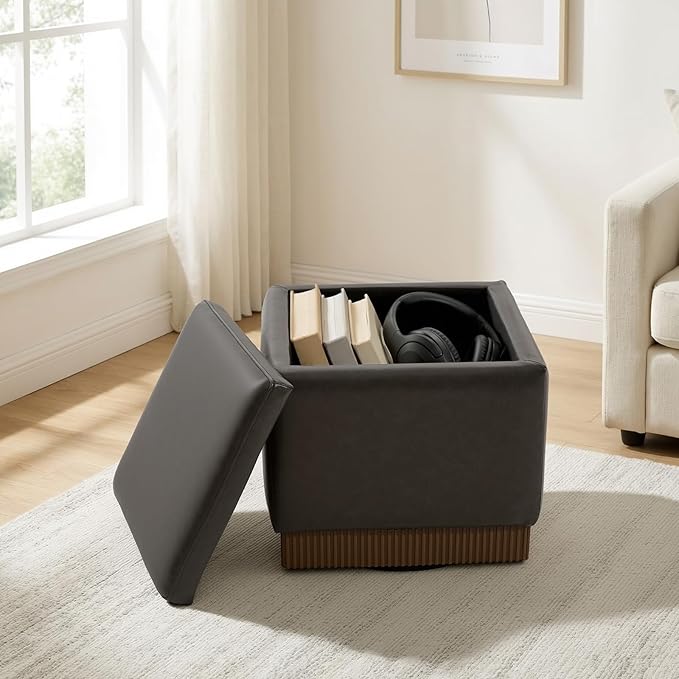 Swivel Storage Ottoman with Hidden Compartment, Square Faux Leather Footstool, Solid Acacia Wood Frame, 500 lbs Capacity, No Assembly Required, for Living Room & Bedroom