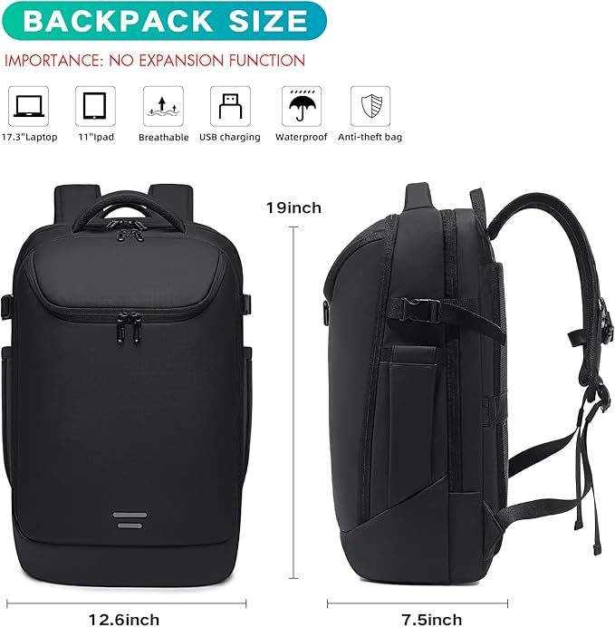 Travel Backpack for Men, Carry on Backpack Luggage 30L Flight Approved Water-resistant Lightweight Business Backpack Fits 17.3 Inch Laptop with Shoes Compartment, Black