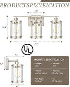 3-Light Brushed Nickel Bathroom Light Fixtures, 21 Inch Modern Bathroom Vanity Lighting Fixtures Over Mirror with Clear Glass and Metal Cage Wall Sconce Lights for Bath, E26, OS-3014BN-3W