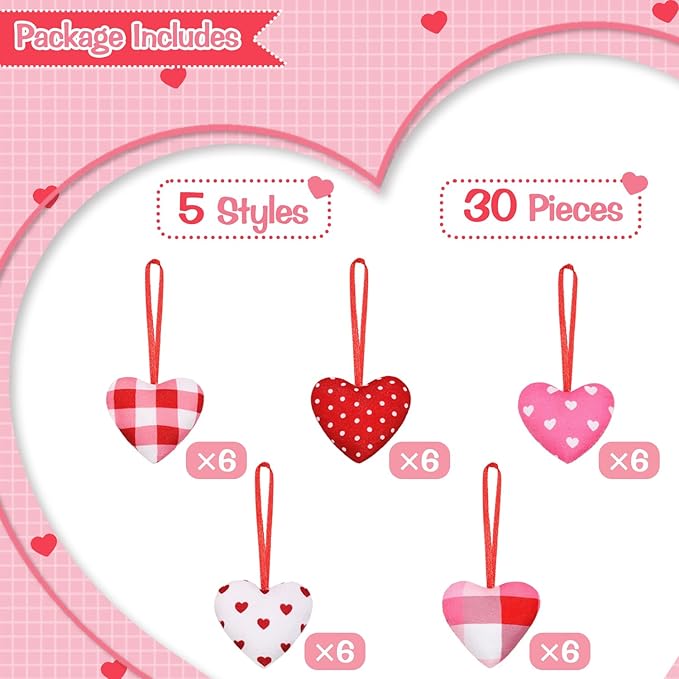 Valentines Hearts Ornaments,30 PCS Fabric Heart Shape Hanging,Baubles Hanging Ornaments for Valentines Tree,Anniversary Wedding,Party DIY Crafts 2 inch