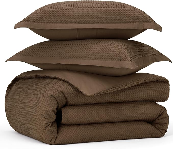Bedsure Cotton Duvet Cover Queen Size - 100% Cotton Waffle Weave Brown Duvet Cover Queen Size, GentleSoft™ and Breathable Bedding Set for All Season, 3 Pieces, 90"x90"
