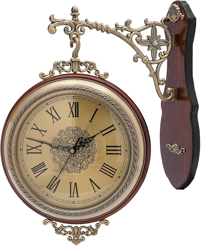 Coffee Double Sided Large Wall Clock, Elegant, Traditional, Vintage Style 360° Rotating Metal Wall Clock, Indoor Outdoor Office Living Room Porch Clock Wall Decor (Coffee Double Sided Clock)