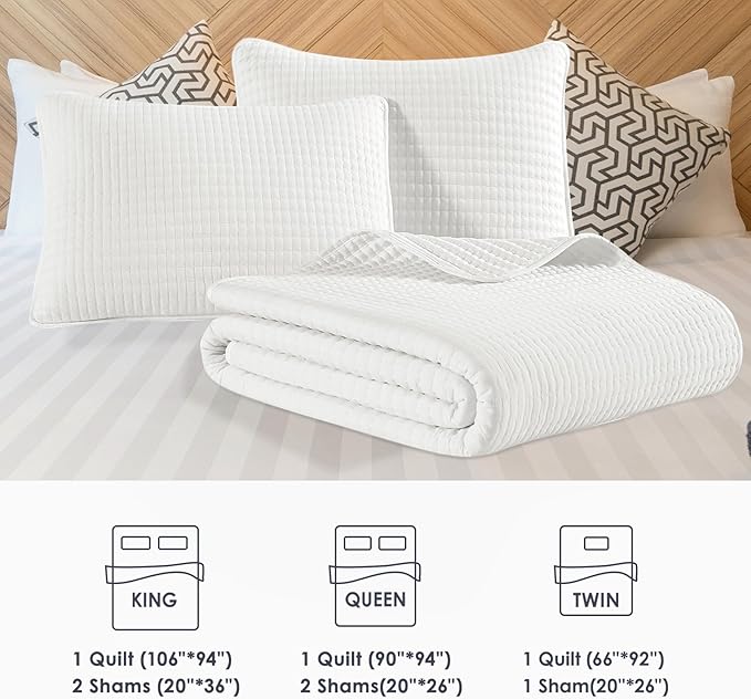WRENSONGE White Quilt Set Queen Size-3 Pieces Lightweight Bedspreads Summer Coverlet for All Season, Soft Quilt Bedding Set with 2 Pillow Shams Suitable for Bed & Couch