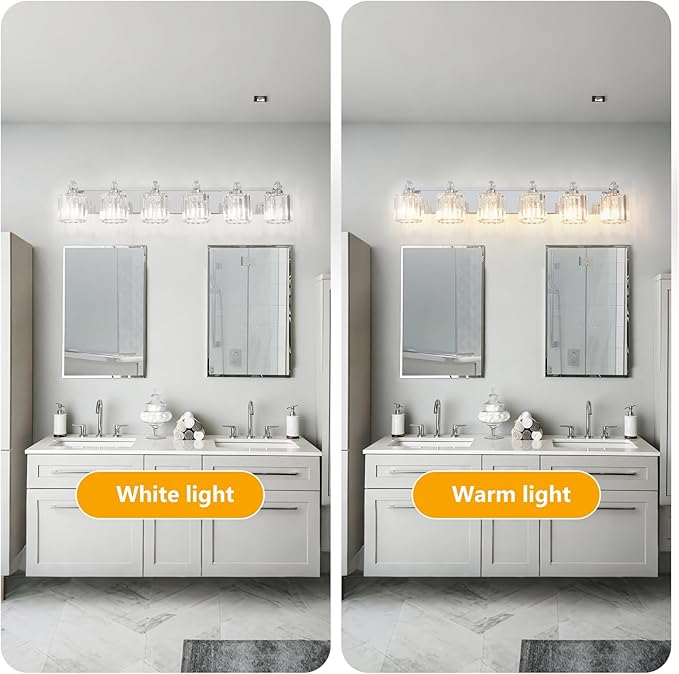 6-Light Modern Bathroom Light Fixture Chrome Vanity Lights Over Mirror Wall Sconce Lighting with K9 Crystal Shades Bathroom Wall Lamp E26 Base for Bedroom, Living Room, Hallway