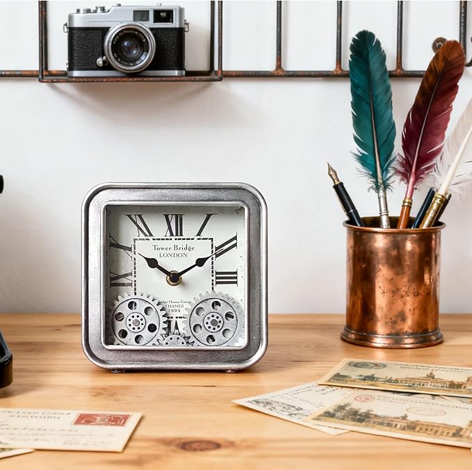 Vintage Steampunk Desk Clock, 6 Inch Metal Industrial Table Clock with Moving Gears, Silent Non-Ticking Quartz, Battery Operated Shelf Decor for Home Office Living Room (Silver)