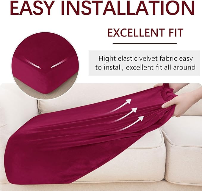 hyha Velvet Couch Cushion Covers, Stretch Chaise Lounge Sectional Couch Seat Covers L Shape for Sectional Sofa, Soft Sofa Cushion Slipcover Washable with Elastic Bottom(Chaise, Wine Red)