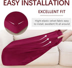 hyha Velvet Couch Cushion Covers, Stretch Chaise Lounge Sectional Couch Seat Covers L Shape for Sectional Sofa, Soft Sofa Cushion Slipcover Washable with Elastic Bottom(Chaise, Wine Red)