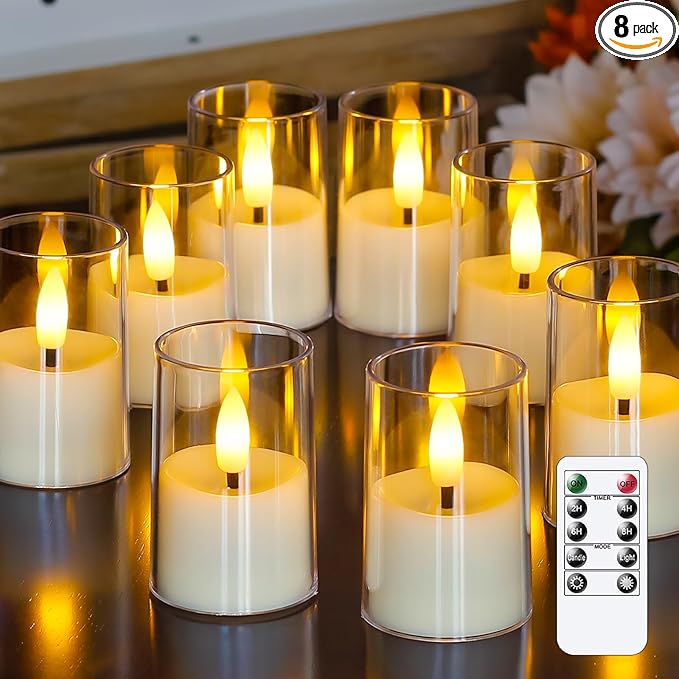 8pcs Battery Operated 1.7" x2.5" Clear Acrylic Remote LED Tea Lights, Flameless 2/4/6/8h Timer Fake Ivory Bulk Votive Candles with Batteries, Flickering Warm Light Pure Plastic Tealights